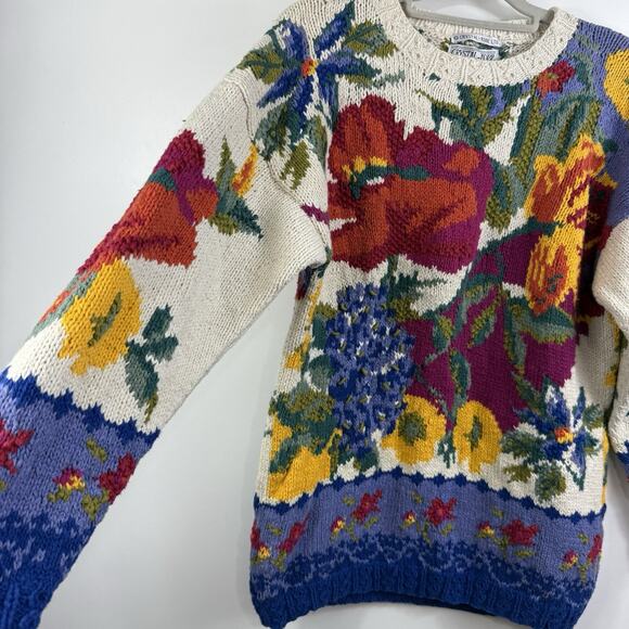 Vintage Crystal Kobe Floral Chunky Sweater Small Grandmacore 90s Tunic Cottage - Picture 4 of 14